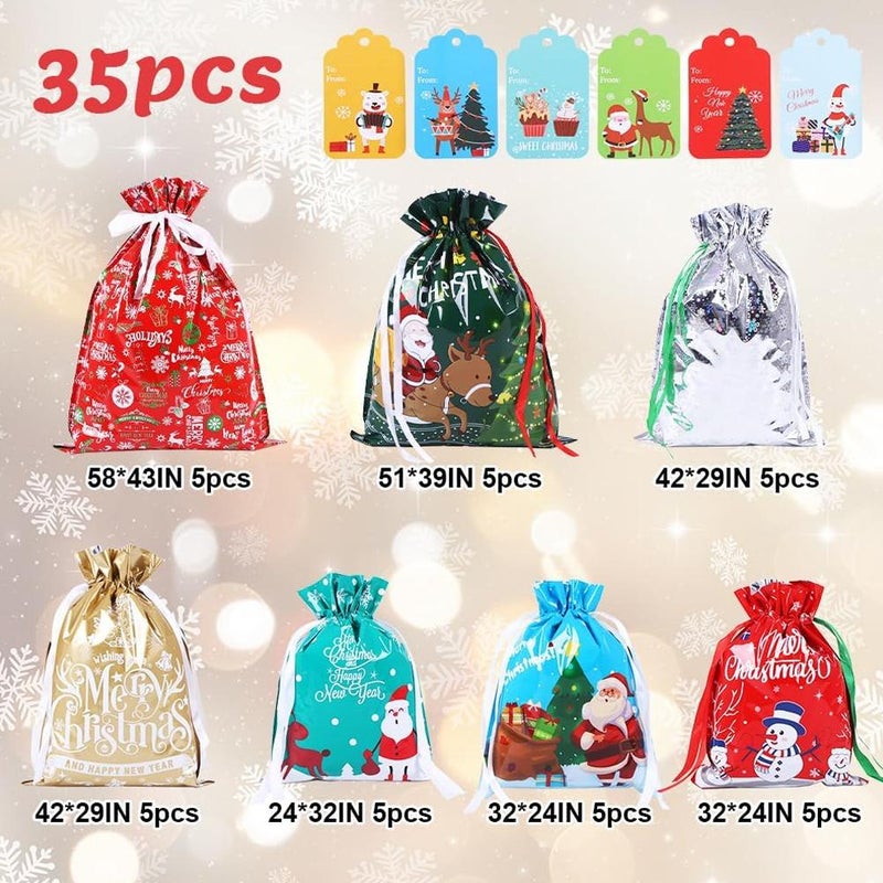 Christmas Drawstring Gift Bags 35PCS Assorted Sizes Aluminum Foil Bags with Festive Designs for Holiday Present Wrapping Party Favors (Style A) - Image 2
